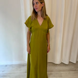 Tela Olive Satin Midi Dress