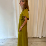 Tela Olive Satin Midi Dress