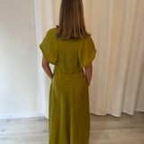 Tela Olive Satin Midi Dress