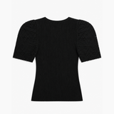 Maje Black Ribbed Knit Top with Crochet Puff Sleeves