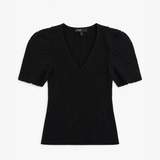 Maje Black Ribbed Knit Top with Crochet Puff Sleeves