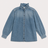 Ba&sh Blue Denim Ruffle Collar Shirt