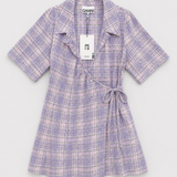 Ganni Vestido Mini Cruzado de Cuadros Lilas