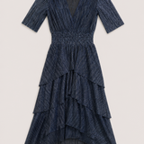 Maje Navy Metallic Pleated Midi Dress