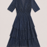 Maje Navy Metallic Pleated Midi Dress