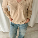 Sézane Embroidered Silk Blouse in Camel