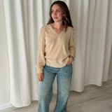 Sézane Embroidered Silk Blouse in Camel