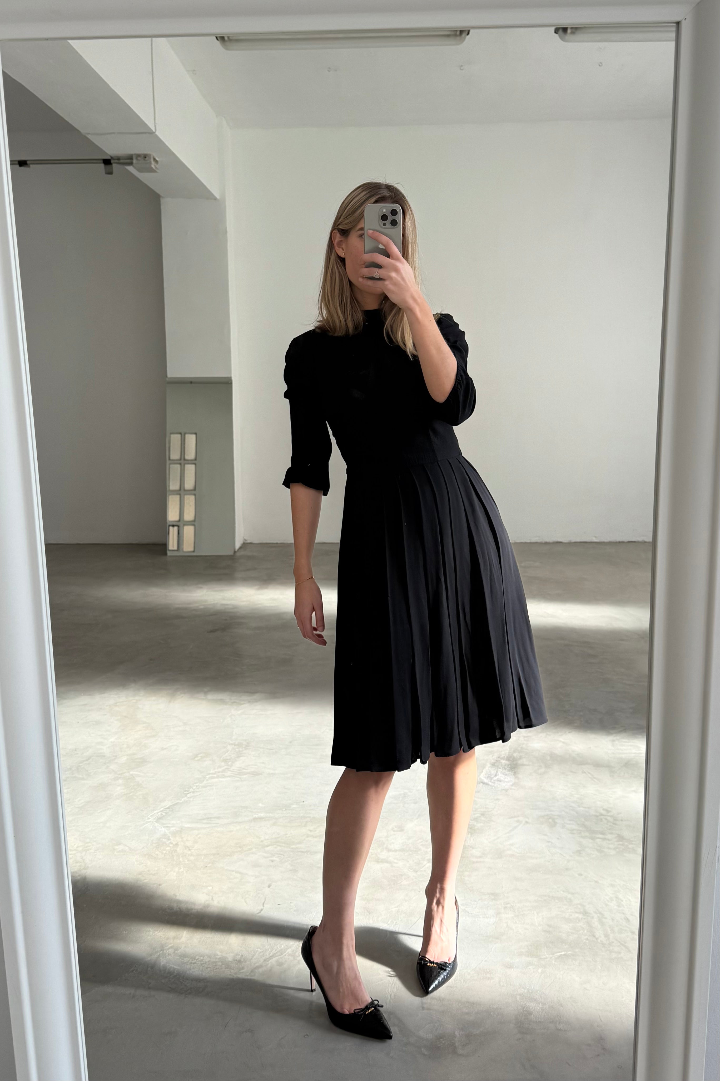prada classic black dress PRADA Vintage black silk ruched ruffle front V neck dress IT44 L