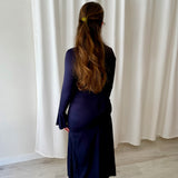 Scalpers Navy Maxi Dress with Ruched Detail and Flared Sleeves