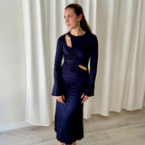 Scalpers Navy Maxi Dress with Ruched Detail and Flared Sleeves