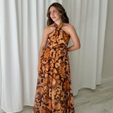 Coosy Brown Floral Strap Maxi Dress