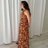 Coosy Brown Floral Strap Maxi Dress