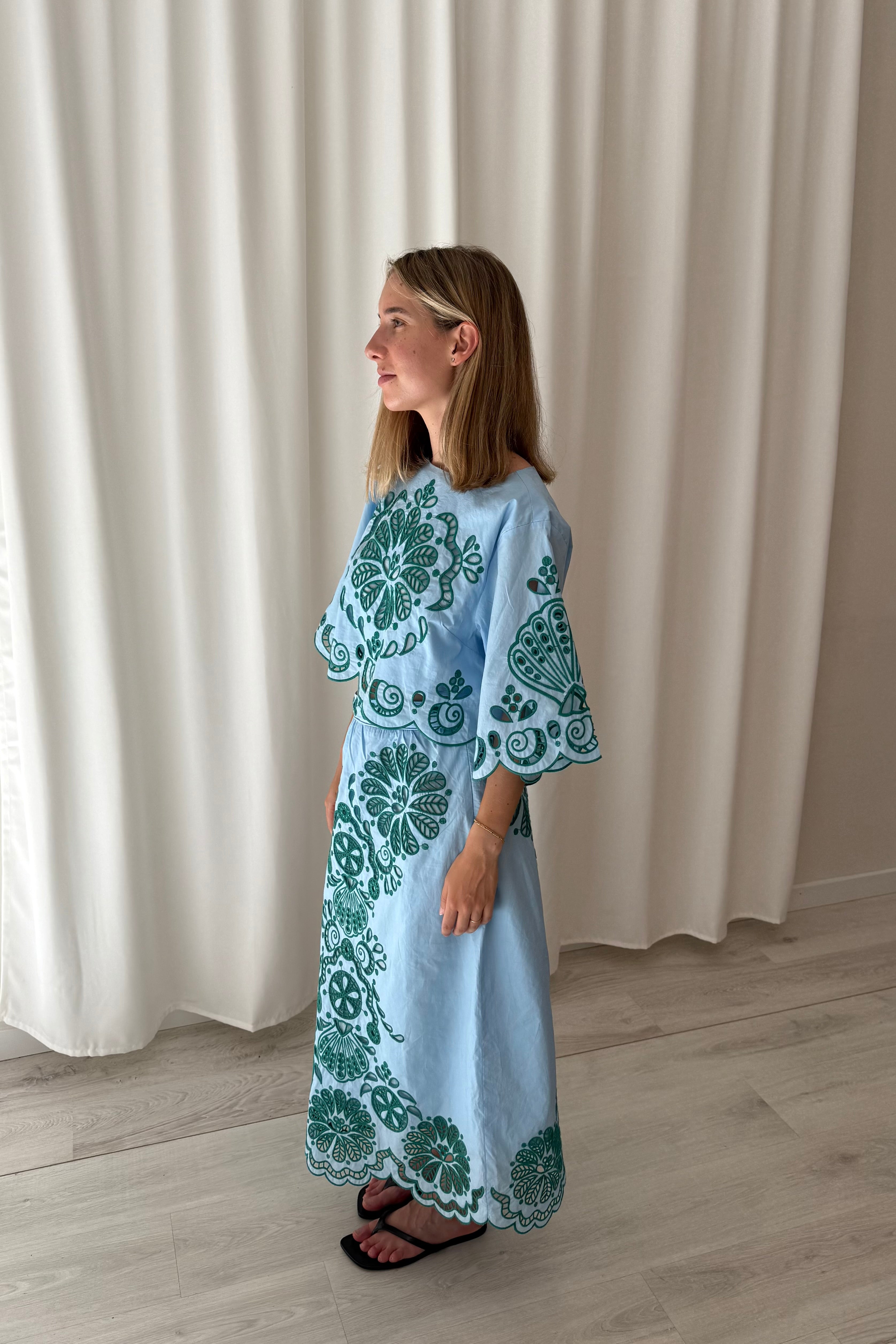 Farm Rio Light Blue Embroidered Midi Skirt