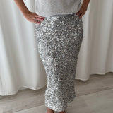 ROTATE Birger Christensen Silver Sequin Midi Skirt