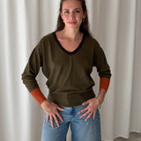 Momoni Olive Green V-Neck Knit Sweater