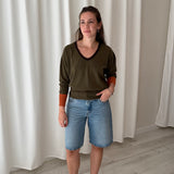 Momoni Olive Green V-Neck Knit Sweater