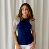 Top neopreno color block azul marino y gris Nina Ricci