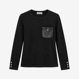 Simorra Black Long Sleeve Top with Faux Leather Pocket