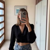 Top satinado negro con botones ZARA M